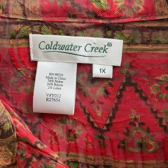 Coldwater Creek Red Aztec Print Sheer Button Up Top Size 1X Statement Boho Flowy - Picture 8 of 11